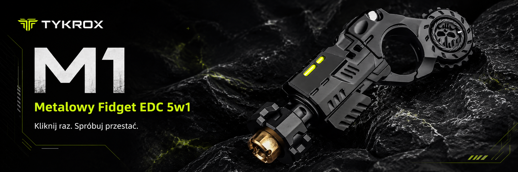 Baner katalogowy TYKROX M1 przedstawiający czarny metalowy Fidget EDC 5w1 na ciemnym skalnym tle