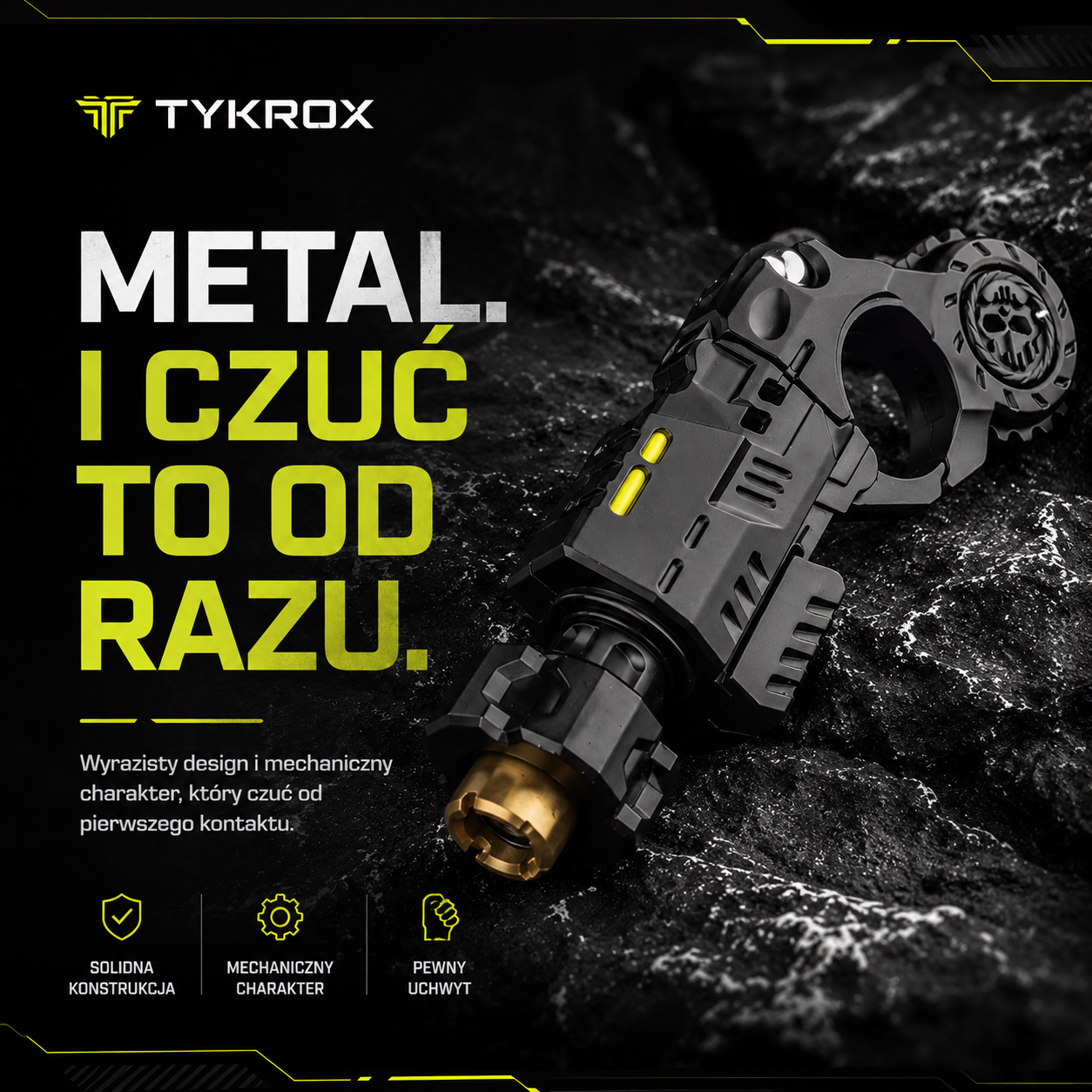 Czarny TYKROX M1 metalowy Fidget EDC 5w1 pokazany z bliska na ciemnym kamiennym tle