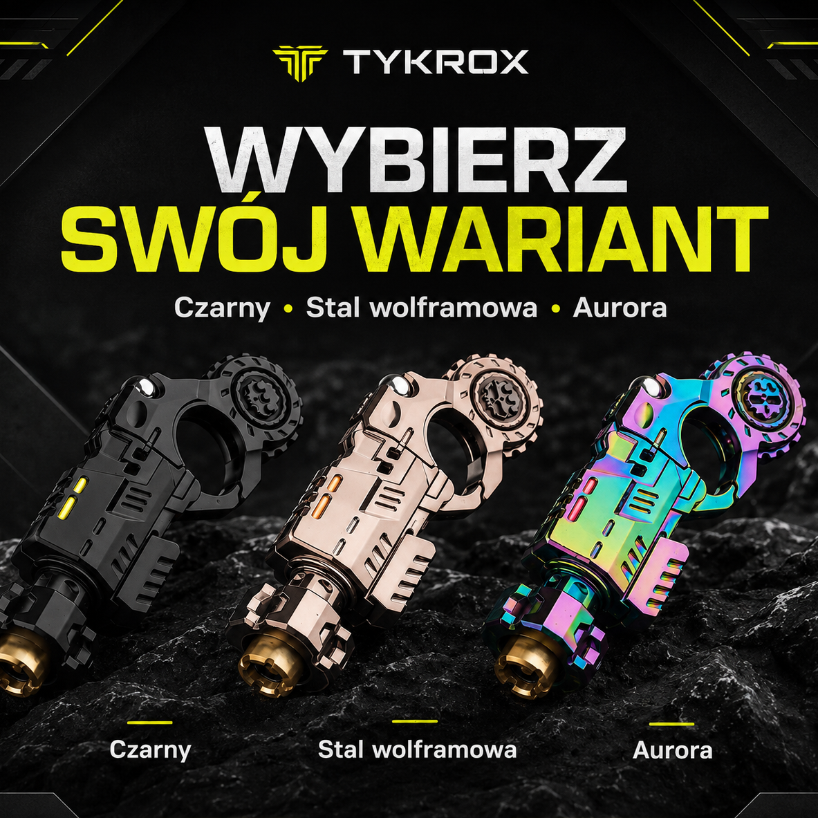 Trzy warianty kolorystyczne metalowego Fidgeta EDC 5w1 TYKROX M1: Czarny, Stal wolframowa i Aurora